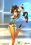  1girl arms_up artist_name astdevir bomber_jacket breasts brown_eyes brown_hair cleavage gun handgun highres jacket leg_lift looking_at_viewer overwatch pants parted_lips pistol short_hair skin_tight smile solo thighs tight tight_pants tracer_(overwatch) weapon wide_hips 