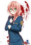  1girl blood blood_splatter bloody_chronicles copyright_name glasses green_eyes logo looking_at_viewer michiko_sazama official_art parted_lips pink_hair police police_uniform policewoman side_ponytail solo uniform 