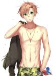  1boy akito_ishikawa blonde_hair bloody_chronicles closed_mouth collarbone copyright_name cowboy_shot cross cross_necklace earrings expressionless green_eyes hand_in_pocket jewelry logo looking_at_viewer male_focus male_swimwear navel necklace official_art pendant ring_necklace seiyuu simple_background solo swim_trunks swimwear toned topless white_background 