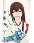  1girl akagi_(kantai_collection) bouquet brown_eyes brown_hair commentary_request flower japanese_clothes kantai_collection long_hair looking_at_viewer masato_(mirai_koubou) muneate open_mouth smile solo straight_hair 