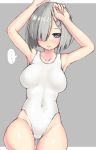  1girl blue_eyes breasts competition_swimsuit hair_ornament hair_over_one_eye hairclip hamakaze_(kantai_collection) kantai_collection kurogane_daichi one-piece_swimsuit short_hair silver_hair solo swimsuit 
