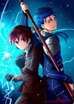  1boy 1girl 2016 armor bazett_fraga_mcremitz black_gloves blue_background blue_hair bodysuit clenched_hand cowboy_shot dated earrings fate/hollow_ataraxia fate_(series) formal fragarach gae_bolg gloves grin jewelry lancer long_hair looking_at_viewer necktie niu_illuminator orb pant_suit ponytail red_eyes red_necktie redhead serious short_hair shoulder_armor smile suit twitter_username 