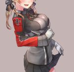  1girl baffu blonde_hair blush breasts commentary_request cropped kantai_collection prinz_eugen_(kantai_collection) skirt skirt_lift solo twintails 