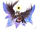  1girl 2016 absurdres arm_cannon bird_wings black_hair black_legwear black_wings bow cape crossed_legs dated energy_ball feathered_wings full_body green_skirt hair_bow highres large_wings long_hair looking_at_viewer miniskirt mismatched_footwear nebula panties puffy_short_sleeves puffy_sleeves red_eyes reiuji_utsuho shirt short_sleeves shou_mai signature simple_background single_boot single_shoe skirt smile solo spread_wings thigh-highs touhou underwear upskirt weapon white_background white_panties white_shirt wings 