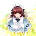  1girl apron brown_hair dress final_fantasy final_fantasy_xiv flower lalafell long_hair looking_at_viewer maid pointy_ears red_eyes sitting smile solo yume_derika 
