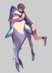  1girl brown_hair closed_eyes fins full_body grey_background hug light_brown_hair long_sleeves looking_at_viewer nanakawa_(nanasoon) original shark sharp_teeth shirt shoes short_hair shorts simple_background smile socks solo teeth white_shirt 