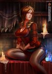  1girl badcompzero breasts brown_eyes brown_hair candle cleavage diablo diablo_3 large_breasts leah_(diablo_3) lips pants short_hair solo 