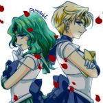  2girls aqua_hair bishoujo_senshi_sailor_moon blonde_hair blue_bow blue_eyes blue_skirt bow choker crossed_arms gloves green_skirt kaiou_michiru looking_at_viewer lowres magical_girl multiple_girls outer_senshi petals pleated_skirt profile sailor_collar sailor_neptune sailor_senshi sailor_uranus shirataki_kaiseki short_hair signature skirt smile ten&#039;ou_haruka upper_body white_background white_gloves yellow_bow 