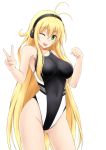  1girl ;d alternate_costume antenna_hair ass_visible_through_thighs bangs black_swimsuit blonde_hair blush breasts clenched_hand competition_swimsuit covered_navel cowboy_shot eyebrows eyebrows_visible_through_hair fuuma_nagi green_eyes headphones highleg highleg_swimsuit large_breasts long_hair looking_at_viewer one-piece_swimsuit one_eye_closed open_mouth simple_background smile solo swimsuit tsurumaki_maki violet_eyes vocaloid voiceroid white_background 