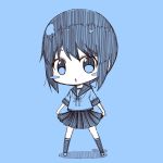  1girl bangs blue blue_background blush_stickers chestnut_mouth chibi fubuki_(kantai_collection) kantai_collection kneehighs kouji_(campus_life) low_ponytail monochrome open_mouth pleated_skirt ponytail short_hair short_ponytail short_sleeves sketch skirt skirt_hold socks solo triangle_mouth 