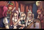  6+girls absurdres animal_ears bow braid chopsticks closed_eyes counter curtains dress drinking fujiwara_no_mokou green_dress hair_bow hat head_rest highres hong_meiling jiliang_ji_ying konpaku_youmu lantern military_hat multiple_girls mystia_lorelei okamisty onozuka_komachi pink_hair pointy_ears rabbit_ears redhead reisen_udongein_inaba smile suspenders touhou twin_braids 