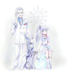  1boy 2girls blue_eyes cellphone eyes_visible_through_hair facial_hair family father_and_daughter formal frown grimm highres iesupa kneeling multiple_girls mustache necktie phone rwby siblings side_ponytail silver_hair sisters sitting skirt smartphone suit weiss_schnee weiss_schnee&#039;s_father winter_schnee 