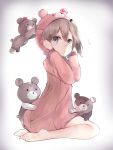  1girl barefoot bear_hood brown_eyes girls_und_panzer neku_(neku_draw) shimada_arisu sitting solo stuffed_animal stuffed_toy teddy_bear wariza 