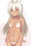  1girl bare_shoulders bikini dark_skin embarrassed granblue_fantasy long_hair looking_at_viewer midriff navel red_eyes shinkuso-kun side-tie_bikini small_breasts solo swimsuit the_order_grande untying very_long_hair white_bikini white_hair 