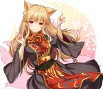  1girl animal_ears blonde_hair blush breasts chinese_clothes energy fox_ears fox_shadow_puppet fox_tail hand_gesture junko_(touhou) kemonomimi_mode large_breasts long_hair long_sleeves looking_at_viewer moneti_(daifuku) red_eyes ribbon sash simple_background solo tabard tail touhou wide_sleeves 