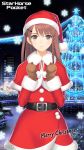  1girl absurdres bangs belt black_belt braid brown_eyes brown_gloves brown_hair building capelet christmas_tree commentary_request copyright_name fur_trim gloves hair_ornament hairclip hat highres hiyoshi_haruka logo long_sleeves looking_at_viewer merry_christmas night night_sky official_art outdoors pom_pom_(clothes) santa_costume santa_hat sky smile snowflakes solo starhorse_pocket tanaka_takayuki 