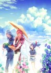  3boys apron basket blue_eyes blue_hair closed_eyes clouds cucumber eggplant flower food fruit hair_over_one_eye hat hat_removed headwear_removed hima_(ab_gata) japanese_clothes kousetsu_samonji male_focus morning_glory multiple_boys pink_hair ponytail sayo_samonji sky smile souza_samonji sweat tomato touken_ranbu watermelon 