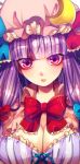  1girl bow bowtie breasts cleavage crescent fua_yuu hat long_hair looking_at_viewer patchouli_knowledge purple_hair solo touhou upper_body violet_eyes 
