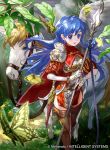  1girl armor armored_dress blue_eyes blue_hair blush boots butterfly cape dress elbow_gloves fingerless_gloves fire_emblem fire_emblem:_mystery_of_the_emblem fire_emblem_cipher gloves hair_blowing long_hair mayo_(becky2006) pegasus polearm scabbard sheath sheathed sheeda short_dress side_slit smile solo spear sword thigh-highs thigh_boots weapon 