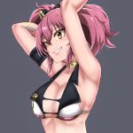  1girl armband armpits arms_up bare_shoulders breasts choker cleavage crop_top demio grin idolmaster idolmaster_cinderella_girls jougasaki_mika pink_hair sideboob simple_background smile solo twintails upper_body yellow_eyes 