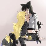  2girls ahoge black_hair blake_belladonna blonde_hair boots cropped_jacket fingerless_gloves gloves hair_ribbon jacket kuroda_(nanchara_flight) long_hair looking_at_another midriff multiple_girls navel pantyhose ribbon rwby sitting sweat violet_eyes yang_xiao_long yellow_eyes yuri 