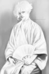  1boy blurry fan folding_fan greyscale highres jojo_no_kimyou_na_bouken kakyouin_noriaki male_focus monochrome oathkeeperson robe solo watermark web_address 