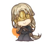  1girl artist_request blonde_hair braid capelet chibi dark_souls_iii fire_keeper hands_together head_tilt long_hair mask seiza sitting smile solo souls_(from_software) white_background 