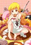  1girl angel_french araragi_koyomi bakemonogatari barefoot blonde_hair blurry box character_doll choco_fashion depth_of_field doughnut dress eating feet food french_cruller golden_chocolate long_hair looking_at_viewer mister_donut monogatari_(series) old-fashioned_doughnut oshino_shinobu pon_de_ring pudding seven_(11) solo sword v weapon yellow_eyes 