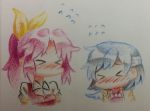  &gt;_&lt; 2girls blush closed_eyes commentary_request flying_sweatdrops grey_hair hair_ribbon kishin_sagume multiple_girls no_mouth no_nose ori_(yellow_duckling) ponytail purple_hair ribbon single_wing touhou traditional_media upper_body watatsuki_no_yorihime wings yellow_ribbon 