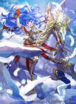  1girl :d armor armored_dress bird blue_eyes blue_hair blush boots cape elbow_gloves feathers fingerless_gloves fire_emblem fire_emblem:_mystery_of_the_emblem fire_emblem_cipher gloves hair_blowing long_hair mayo_(becky2006) open_mouth pegasus polearm scabbard sheath sheathed sheeda smile solo spear sword thigh-highs thigh_boots unicorn waving weapon 