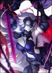  1girl azusa_(hws) breasts cape_removed chain cleavage fate/grand_order fate_(series) gauntlets grin helmet holding holding_sword holding_weapon jeanne_alter long_hair looking_at_viewer pale_skin ruler_(fate/apocrypha) ruler_(fate/grand_order) sheath smile solo sword teeth weapon white_hair yellow_eyes 