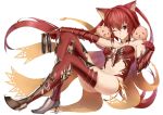  1girl ;) aizawa_masaya animal animal_ears armor armored_boots ass bangs bare_shoulders bikini_armor blush boots breasts cape cerberus_(shingeki_no_bahamut) cleavage closed_mouth dog dog_ears eyebrows eyebrows_visible_through_hair fang fang_out full_body gloves granblue_fantasy hair_between_eyes high_heel_boots high_heels highres long_hair looking_at_viewer one_eye_closed red_eyes red_gloves red_legwear redhead shingeki_no_bahamut smile solo strapless thigh-highs twintails vambraces very_long_hair white_background 