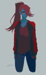  1girl alternate_costume arms_at_sides artist_name blue_skin chibimu collarbone denim eyeshadow grey_background hair_over_one_eye head_fins highres jacket lips makeup monster_girl parted_lips ponytail red_eyes redhead simple_background solo track_jacket undertale undyne v-neck yellow_sclera 