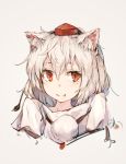  1girl albino animal_ears blush colored face fang hat inubashiri_momiji kashii_(amoranorem) looking_at_viewer pom_pom_(clothes) portrait red_eyes short_hair simple_background sketch smile solo tokin_hat touhou white_hair wolf_ears 