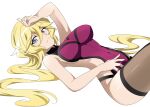  1girl arm_up blonde_hair blue_eyes breasts carol_malus_dienheim covered_navel emmxd325 highres large_breasts long_hair looking_at_viewer lying mole mole_under_eye older on_back senki_zesshou_symphogear shiny shiny_hair shiny_skin side_cutout sideless_outfit simple_background smile solo thigh-highs white_background 