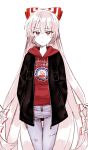  1girl alternate_costume bow clothes_writing college_shirt commentary_request contemporary cowboy_shot denim fujiwara_no_mokou hair_bow hair_ribbon hands_in_pockets highres hood hoodie jacket jeans long_hair looking_at_viewer pants red_eyes ribbon silver_hair six_(fnrptal1010) solo thigh_gap touhou very_long_hair white_background 