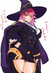  1girl ashiomi_masato blazblue breasts cape double-breasted hair_over_one_eye hand_on_hip hat konoe_a_mercury long_hair looking_at_viewer necktie panties pink_hair simple_background solo translation_request underwear uniform white_background witch_hat yellow_eyes 