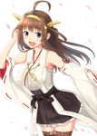  1girl :d adjusting_hair ahoge bare_shoulders black_skirt blush boots breasts brown_hair detached_sleeves double_bun grey_eyes hairband headgear japanese_clothes kantai_collection kongou_(kantai_collection) large_breasts long_hair looking_at_viewer nontraditional_miko open_mouth petals remodel_(kantai_collection) ribbon-trimmed_sleeves ribbon_trim sarashi shigure_ryuunosuke skirt smile solo thigh-highs thigh_boots wide_sleeves wind zettai_ryouiki 