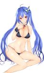  1girl absurdres bikini black_bikini blue_hair breasts butterfly_hair_ornament cleavage fang frofrofrost hair_ornament highres long_hair looking_at_viewer navel phantasy_star phantasy_star_online_2 red_eyes solo swimsuit twintails 