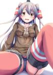  1girl amatsukaze_(kantai_collection) bangs blue_panties blurry blush buttons choker depth_of_field dress dress_lift eyebrows eyebrows_visible_through_hair garter_straps grey_hair hair_between_eyes highres kantai_collection lifebuoy long_hair long_sleeves looking_at_viewer maimu_(gol-em-1226) open_mouth panties red_legwear sailor_collar short_dress silver_hair simple_background sitting smile solo striped striped_legwear tassel tears thigh-highs two_side_up underwear white_background windsock yellow_eyes 