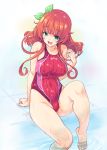  1girl barefoot blush breasts competition_swimsuit covered_nipples green_eyes hair_ribbon highres kiyama_satoshi long_hair md5_mismatch one-piece_swimsuit open_mouth original redhead ribbon sitting smile soaking_feet solo swimsuit water wet 