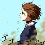  1girl blue_jacket brown_eyes brown_hair comic dust_cloud girls_und_panzer jacket long_sleeves looking_to_the_side military military_uniform nishizumi_miho noumen short_hair solo throat_microphone translated uniform 