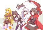  4girls belt black_hair blake_belladonna blonde_hair blue_eyes bow brown_hair dog earrings facial_scar gradient_hair grey_eyes hair_bow hands_together highres iesupa jewelry jumping leaning_forward long_hair multicolored_hair multiple_girls navel pantyhose redhead ruby_rose rwby scythe short_hair shorts side_ponytail silver_hair skirt smile tongue tongue_out violet_eyes weapon weiss_schnee welsh_corgi yang_xiao_long yellow_eyes zwei_(rwby) 