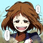  1girl blue_jacket brown_eyes brown_hair comic dust_cloud girls_und_panzer jacket long_sleeves looking_at_viewer military military_uniform nishizumi_miho noumen open_mouth short_hair smile solo throat_microphone translated uniform 