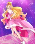 1girl blonde_hair bow chocokin cure_flora dated dutch_angle eyebrows full_body gloves go!_princess_precure green_eyes hand_on_hip haruno_haruka legs long_hair looking_at_viewer magical_girl multicolored_hair one_eye_closed pink_bow pink_hair pink_skirt precure purple_background shoes signature skirt smile solo sparkle standing streaked_hair thick_eyebrows two-tone_hair white_gloves white_shoes 