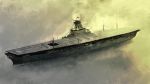  aa_gun aircraft_carrier commentary_request gradient gradient_background highres kawanakajima no_humans rising_sun shinano_(aircraft_carrier) ship sunburst turret warship 