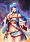  1girl :q amulet blue_hair breasts cleavage clouds collarbone cowboy_shot detached_sleeves finger_to_mouth glint jewelry licking_lips lightning long_hair looking_at_viewer necklace original outstretched_hand pham_thai_chau pointy_ears red_eyes sky smile solo star_(sky) starry_sky tongue tongue_out watermark web_address wide_sleeves 