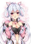  1girl ahoge black_bra bra breasts cherry_blossoms cleavage cleavage_cutout collar collarbone floral_background floral_print hair_between_eyes hair_rings headgear highres long_hair looking_at_viewer matoi_(pso2) milkpanda open_mouth phantasy_star phantasy_star_online_2 red_eyes silver_hair solo teeth twintails underwear upper_body 