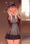  1girl :d ^_^ admiral_(kantai_collection) blew_andwhite blonde_hair blush breasts closed_eyes gloves hair_ornament hands_on_own_cheeks hands_on_own_face hat heart highres kantai_collection large_breasts long_hair open_mouth peaked_cap prinz_eugen_(kantai_collection) skirt smile thighs twintails uniform white_gloves 