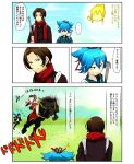  1girl 3boys blue_hair brown_hair comic female_saniwa_(touken_ranbu) grass hairband honchu horse japanese_clothes kashuu_kiyomitsu little_girl_saniwa_(touken_ranbu) miko multiple_boys muscle namazuo_toushirou ponytail riding running saniwa_(touken_ranbu) sayo_samonji touken_ranbu track_suit translation_request 